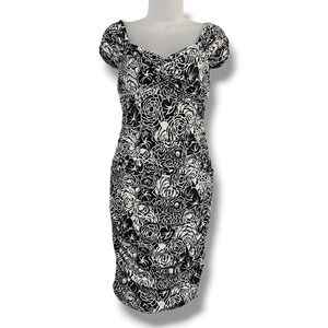 Y2K Cache Dress M Black White Floral Rose Ruched Bodycon Cap Sleeve Sheath Chic